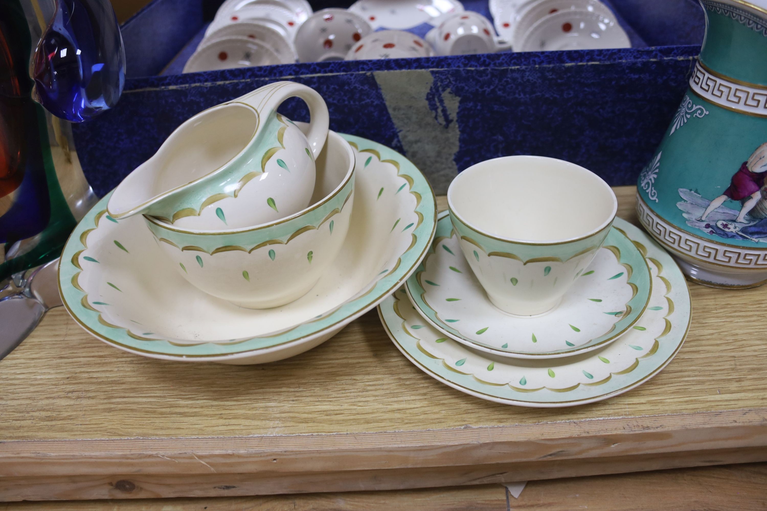 A childs 1960's tea set, blue and white tureen stand, Religious carving, 1960's/70's fabric and Venetian vase etc